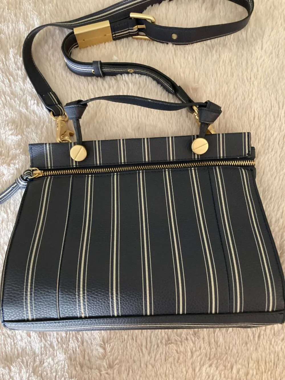 Foley + Corinna Navy and White Stripe Leather Shoulder Bag
